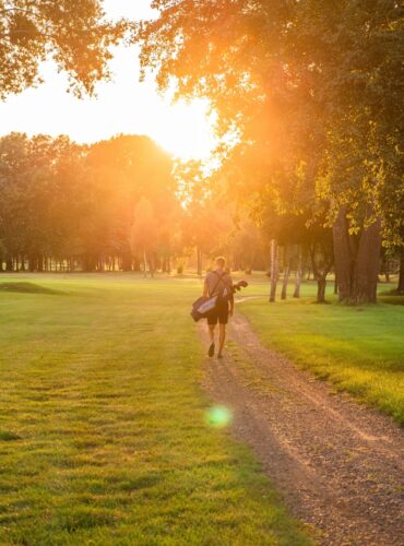 a person walking a dog on a path in a park